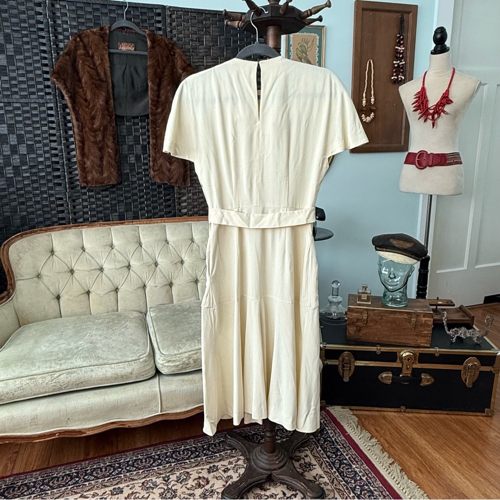 🤍 Vintage Carl Naftal California Cream Eyelet Dress Detachable Belt 1970s XS - Picture 7 of 16